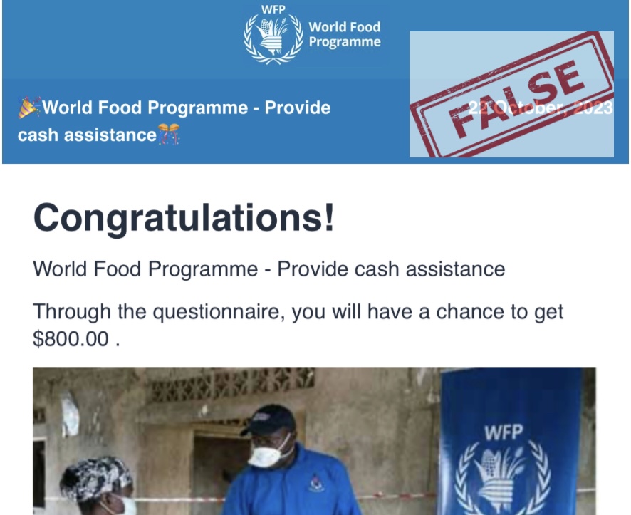 NO, WFP is not providing cash assistance via a questionnaire. Beware of scams 